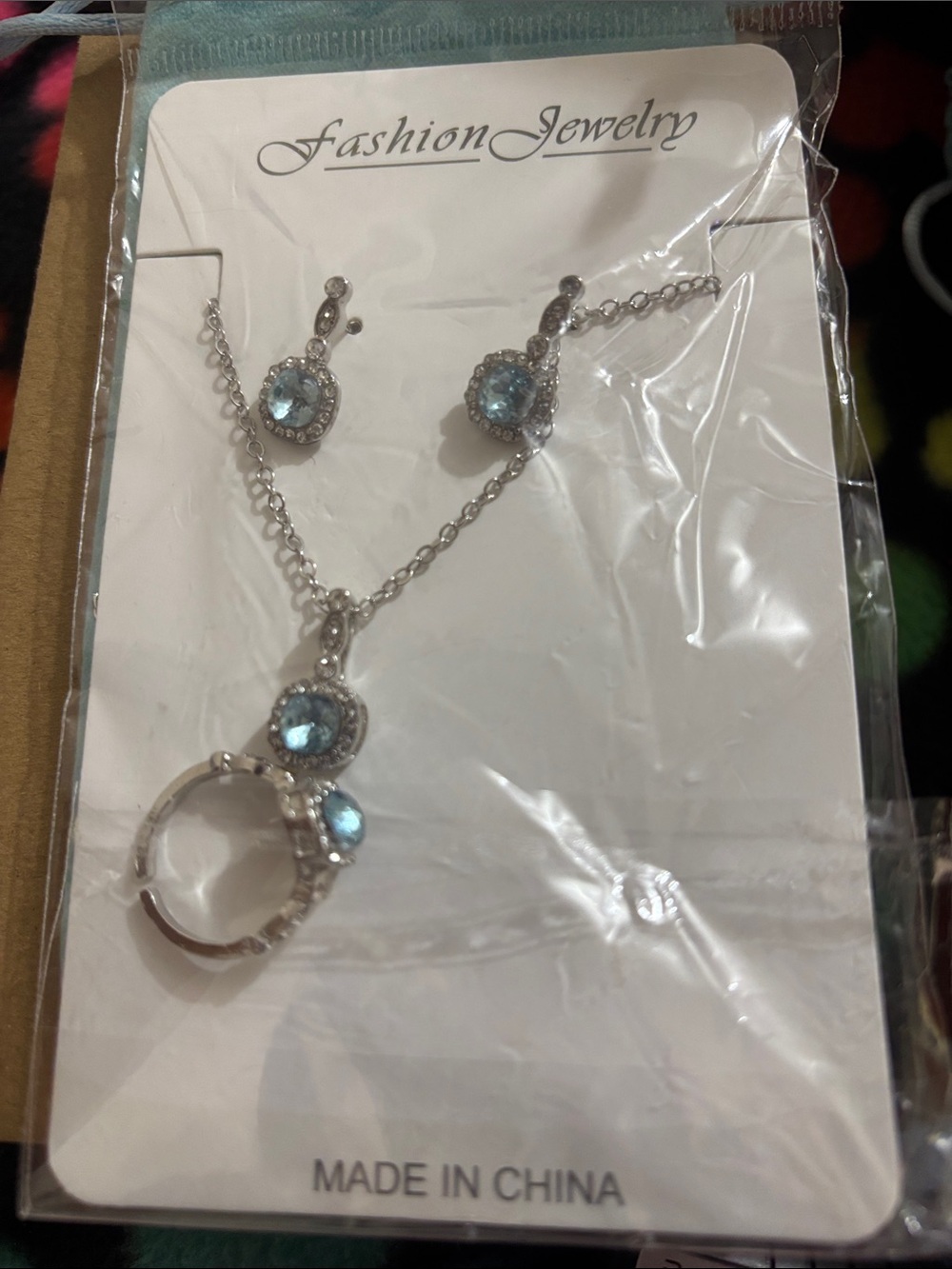 Fashion Jewelry Silver-Tone Necklace and Earring Set with Light Blue Stones